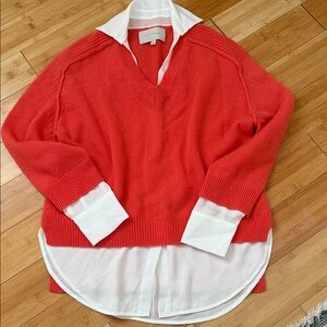 Brochu Walker V-Neck Coral Sweater with White Layer